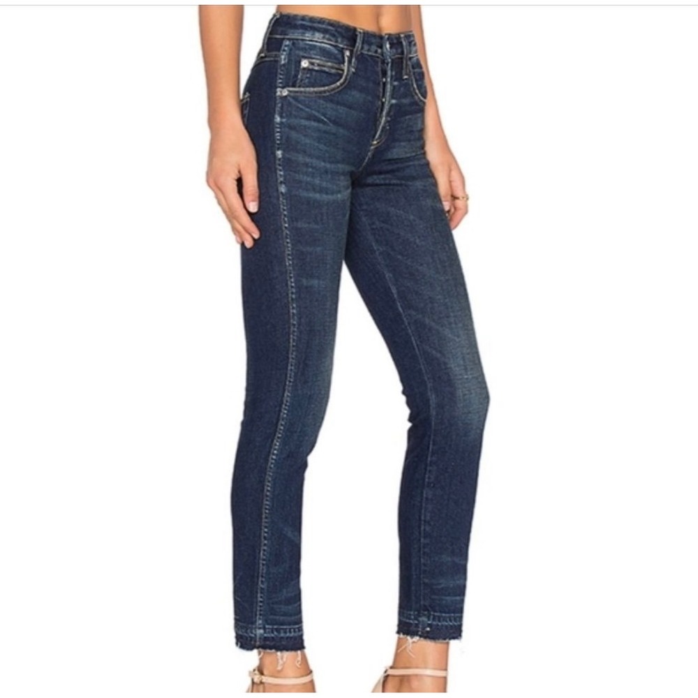 AMO Babe High Rise Slim Straight Jeans Women Blue 28 Raw Hem Stretch Denim
